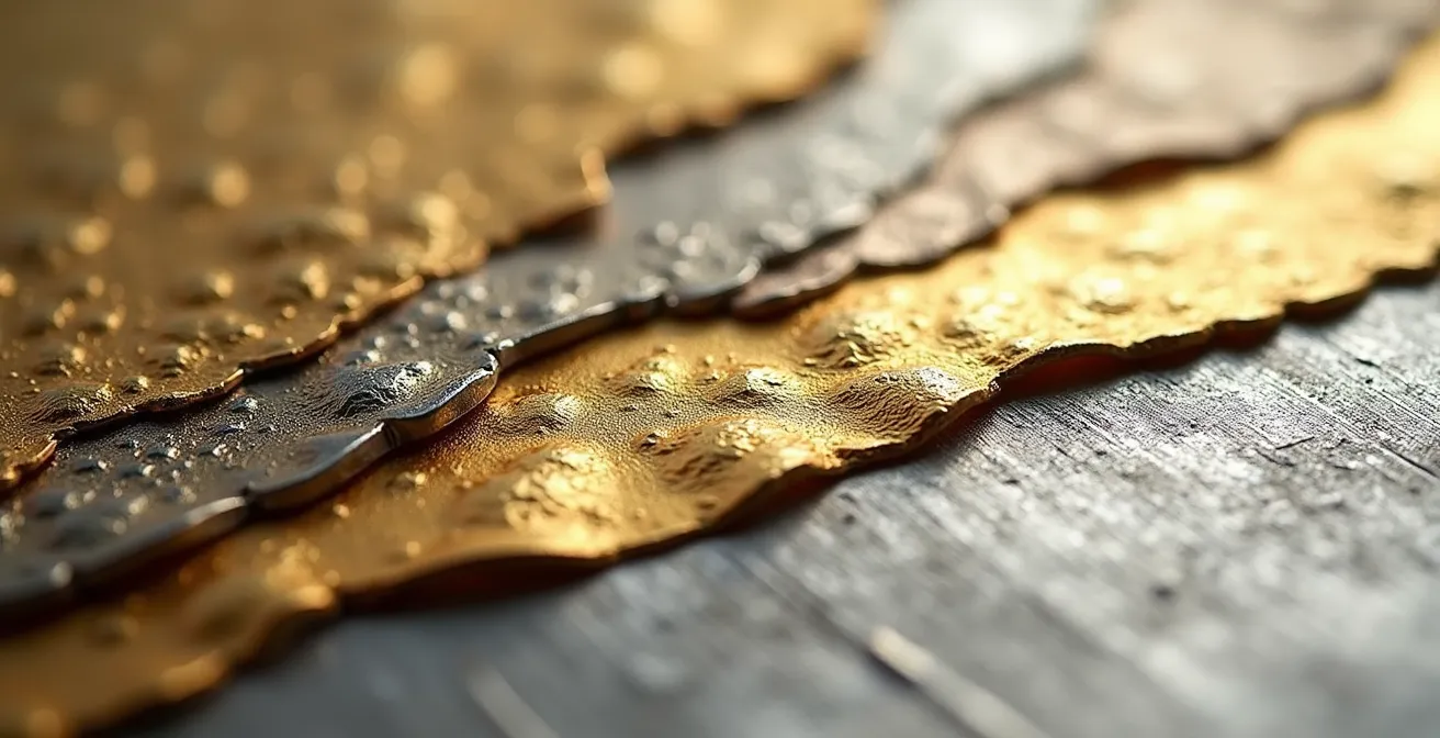 Composition artistique montrant l'harmonie entre bijoux en or et en argent portés ensemble