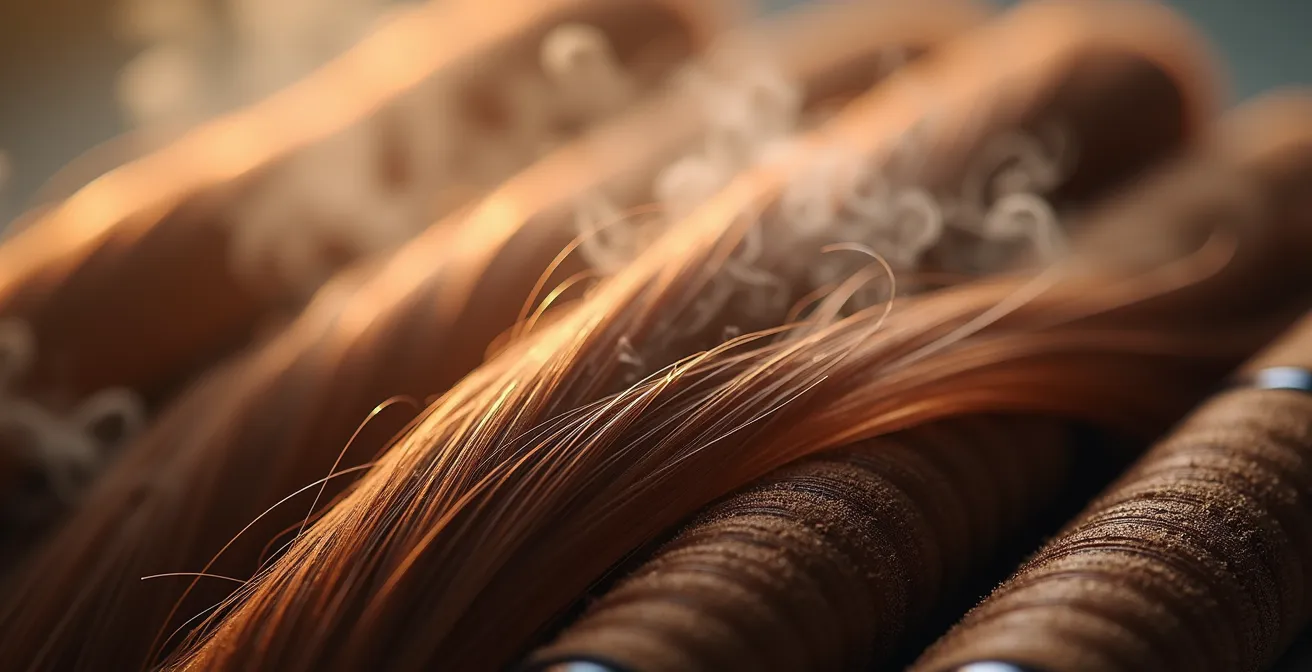Détail macro de mèches de cheveux fins enroulées sur des rouleaux professionnels