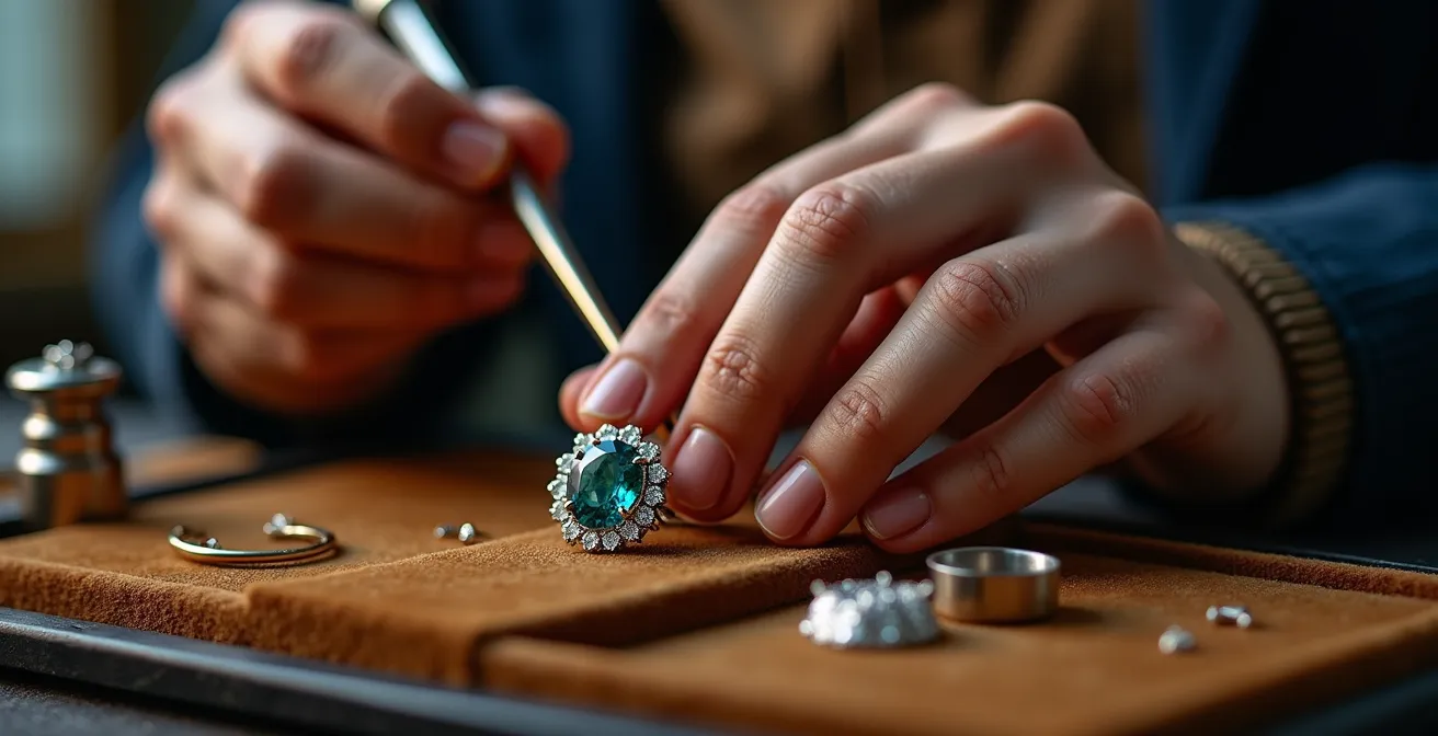 Portrait rapproché d'une personne examinant un bijou de haute joaillerie avec une loupe d'horloger