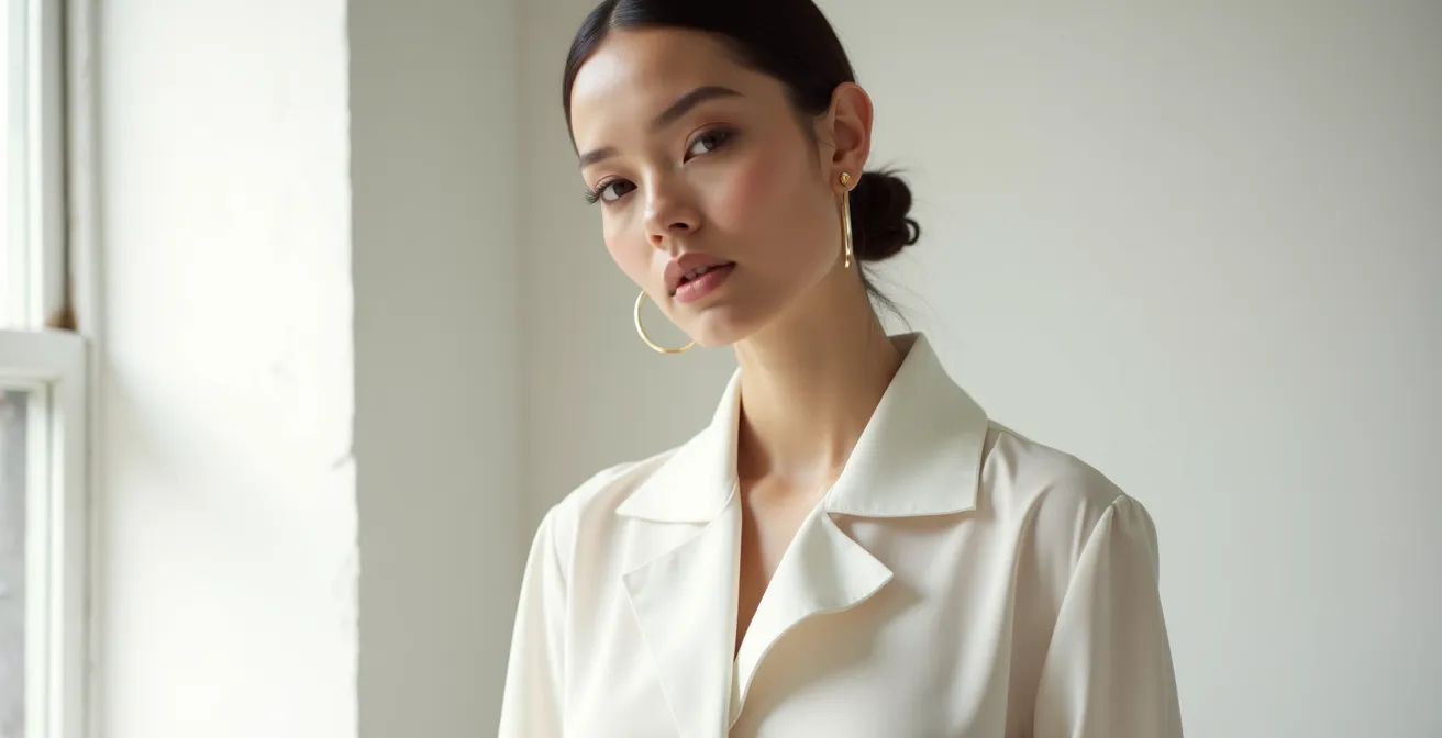 Portrait de femme portant une blouse architecturale minimaliste dans un espace épuré