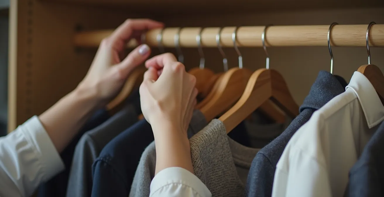 Penderie minimaliste avec zone de transit délimitée montrant des vêtements avec étiquettes suspendus séparément