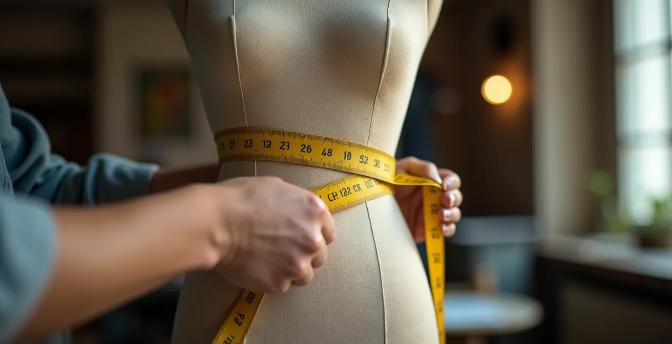 Gros plan sur les mains d'une couturière prenant des mesures sur un mannequin de couture