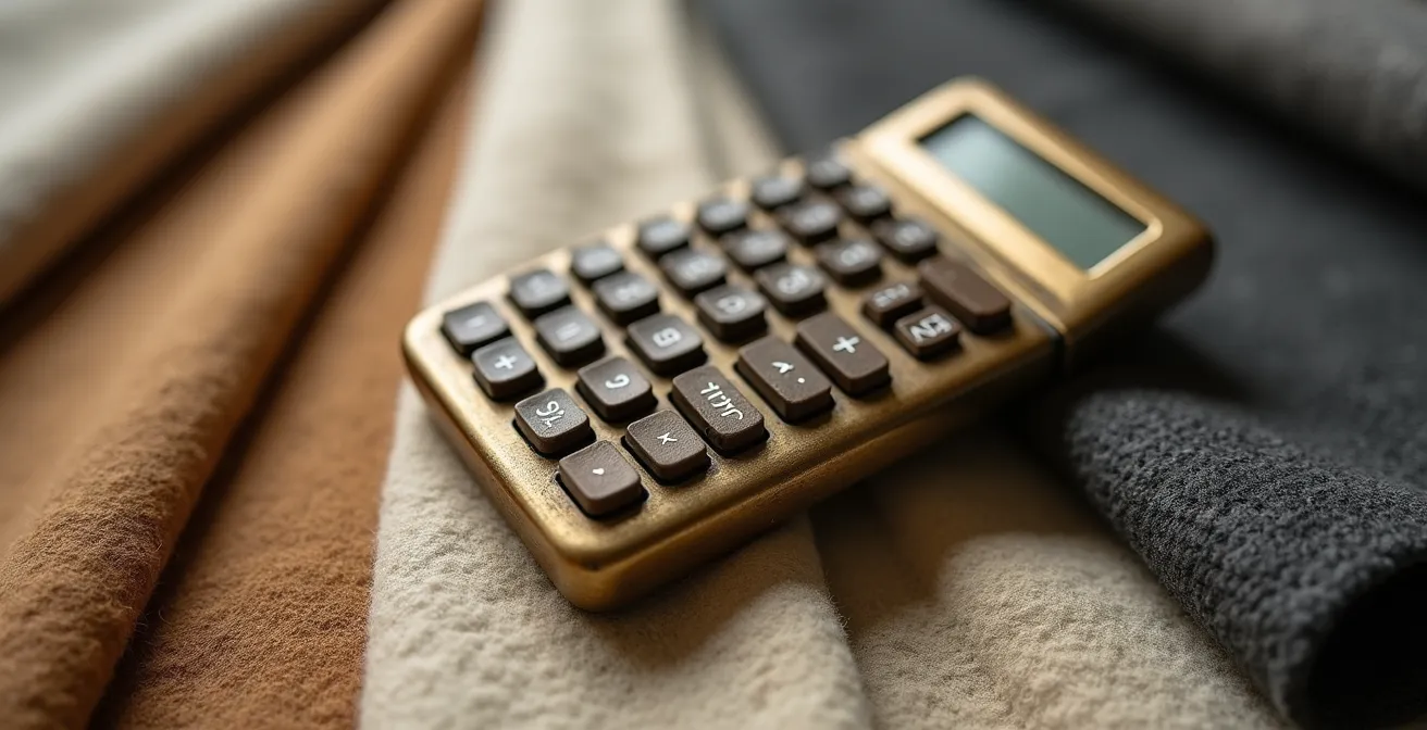 Vue macro d'une calculatrice vintage en laiton posée sur des échantillons de tissus de qualité aux teintes neutres