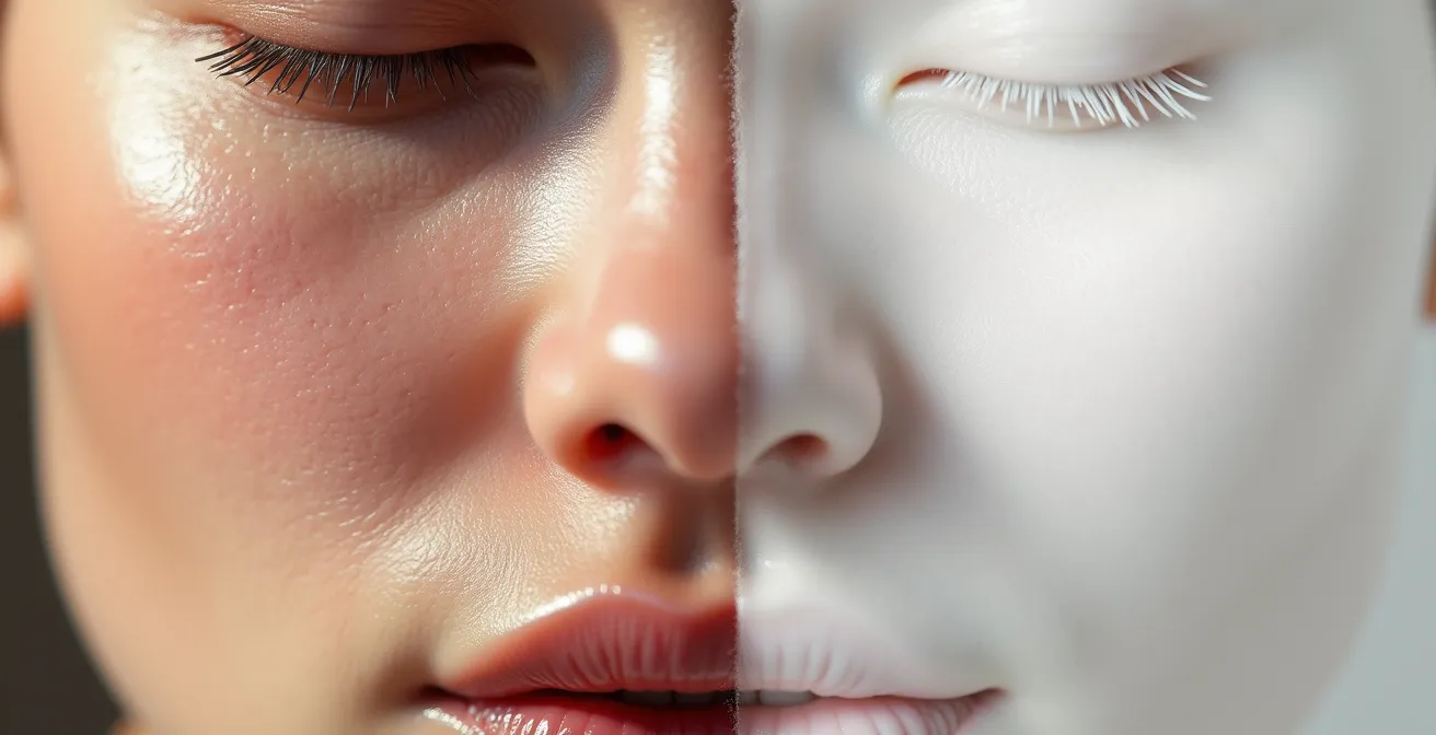 Gros plan sur texture de peau naturelle contrastant avec surface lisse artificielle