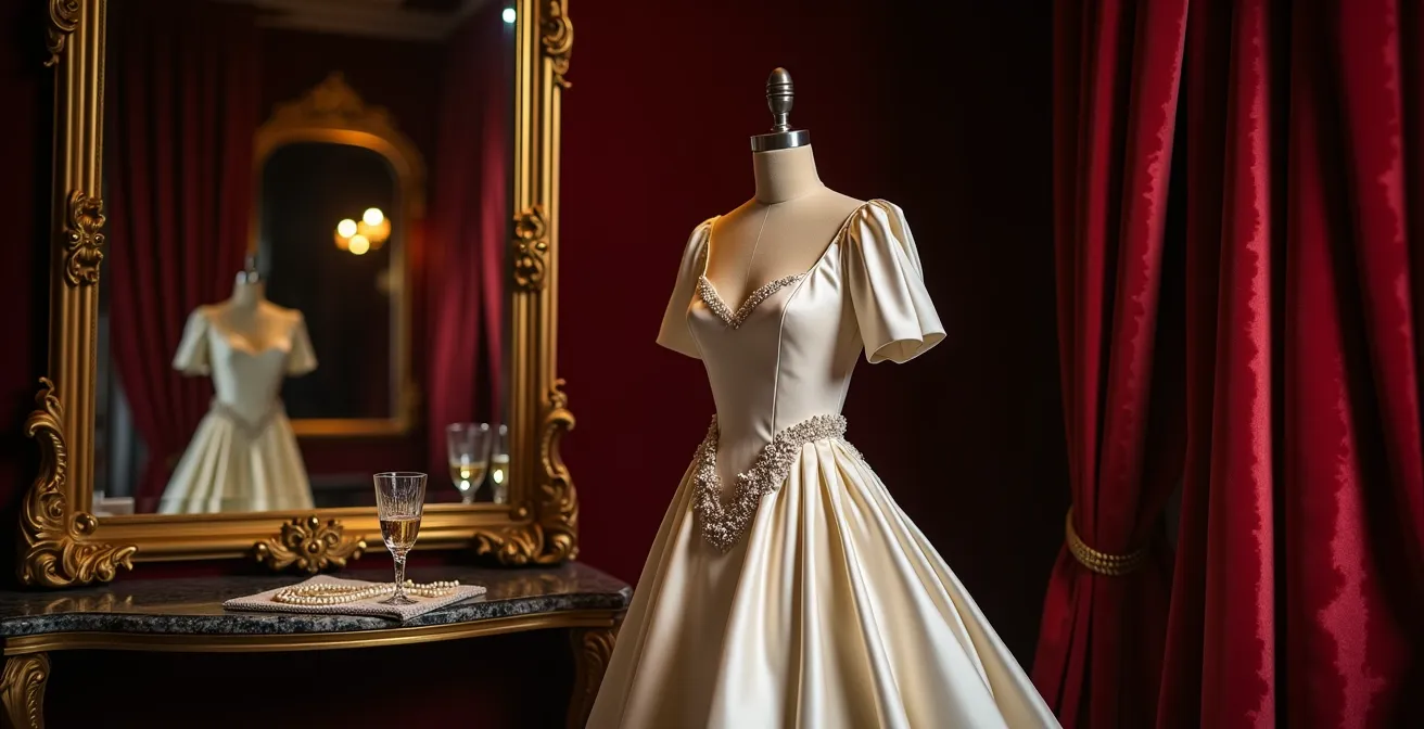 Salon privé d'essayage haute couture avec miroirs dorés et velours rouge