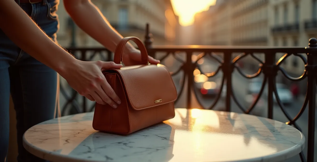 Mise en scène photographique d'un sac de luxe dans un décor parisien élégant