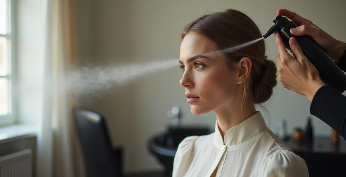 Application de spray coiffant à distance optimale sur un chignon sophistiqué