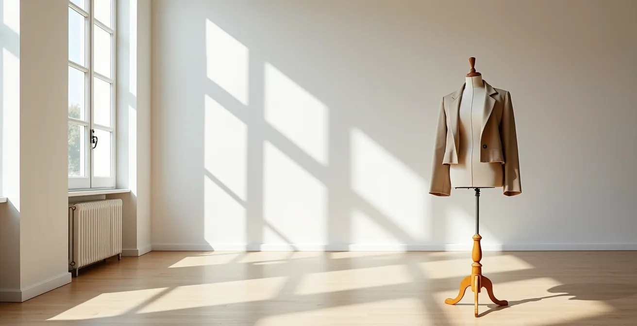 Vue minimaliste d'un tailleur sur mannequin de couture dans un atelier parisien épuré