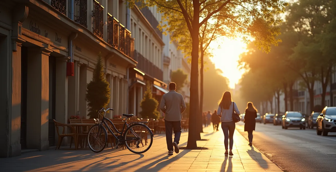 Scène de rue parisienne capturant l'essence du style effortless avec architecture haussmannienne en arrière-plan