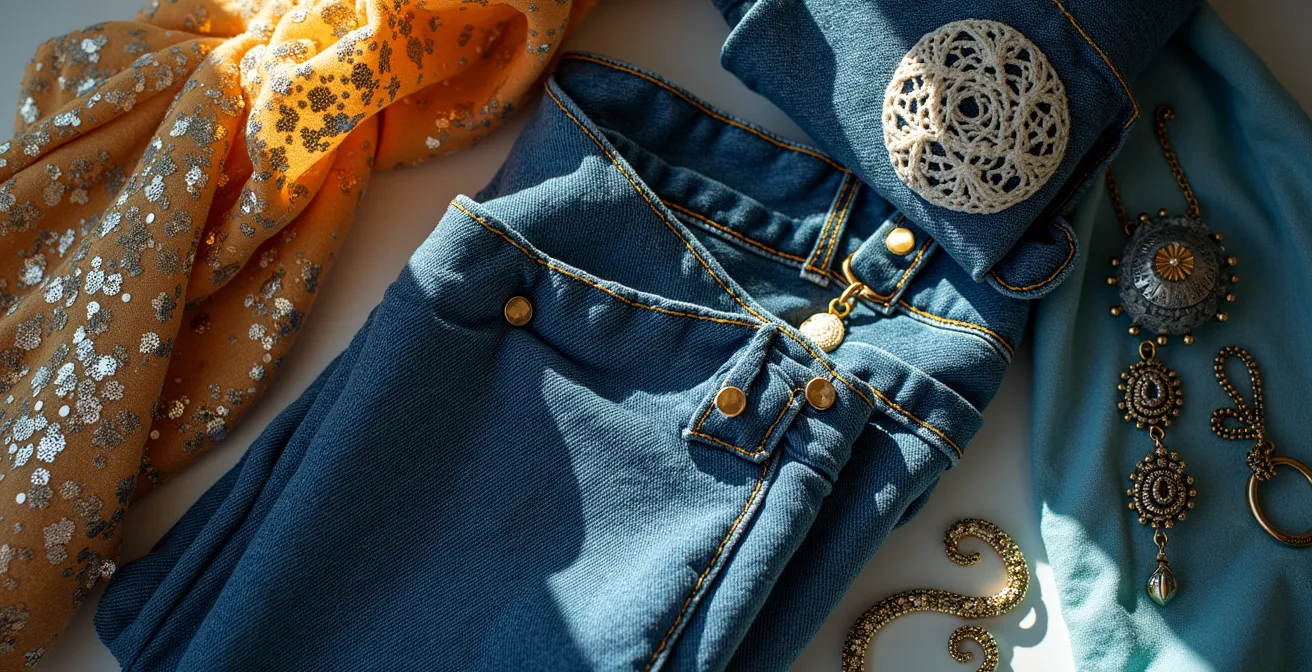 Composition artistique de vêtements vintage années 2000 arrangés de manière esthétique