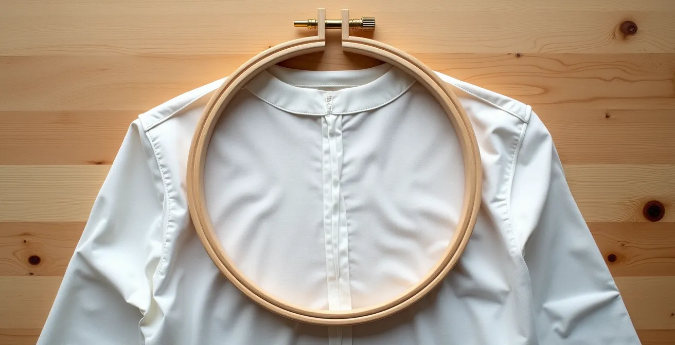 Vue en plongée d'un tambour à broder en bois maintenant un col de chemise tendu