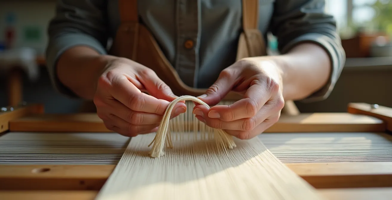 Démonstration de la technique de l'arc pour maintenir des lisières droites en tissage