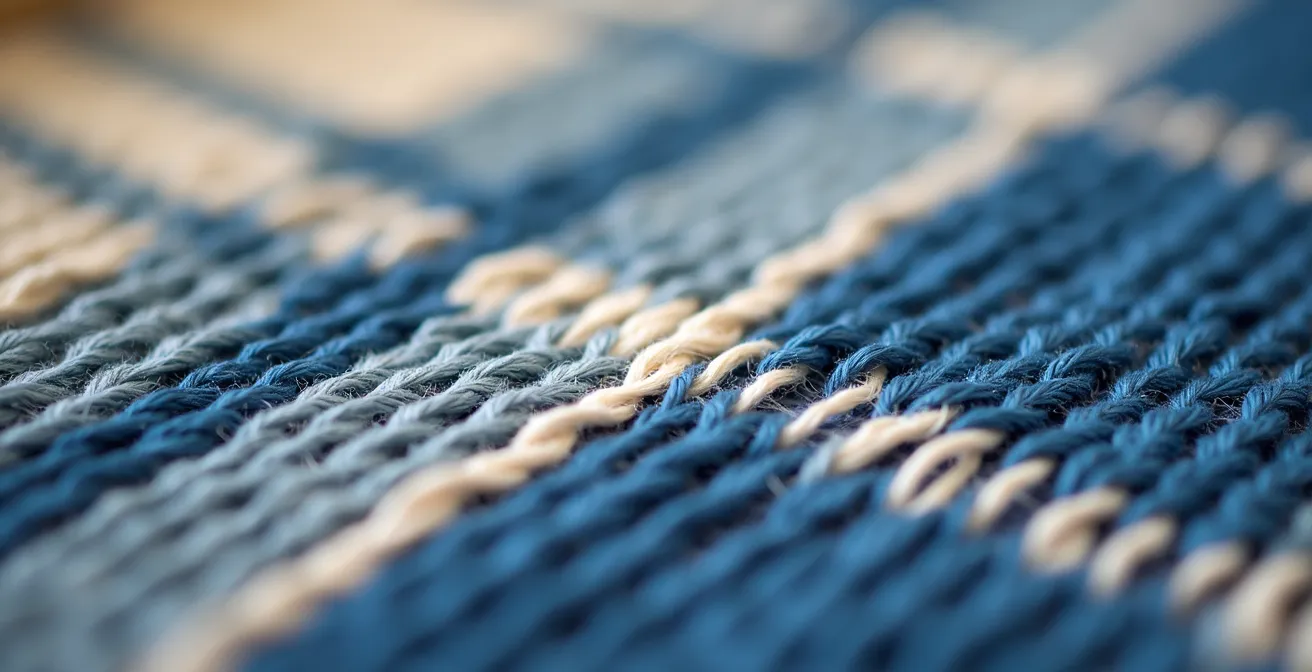 Vue macro du motif sergé chevron sur métier à tisser avec fils entrecroisés