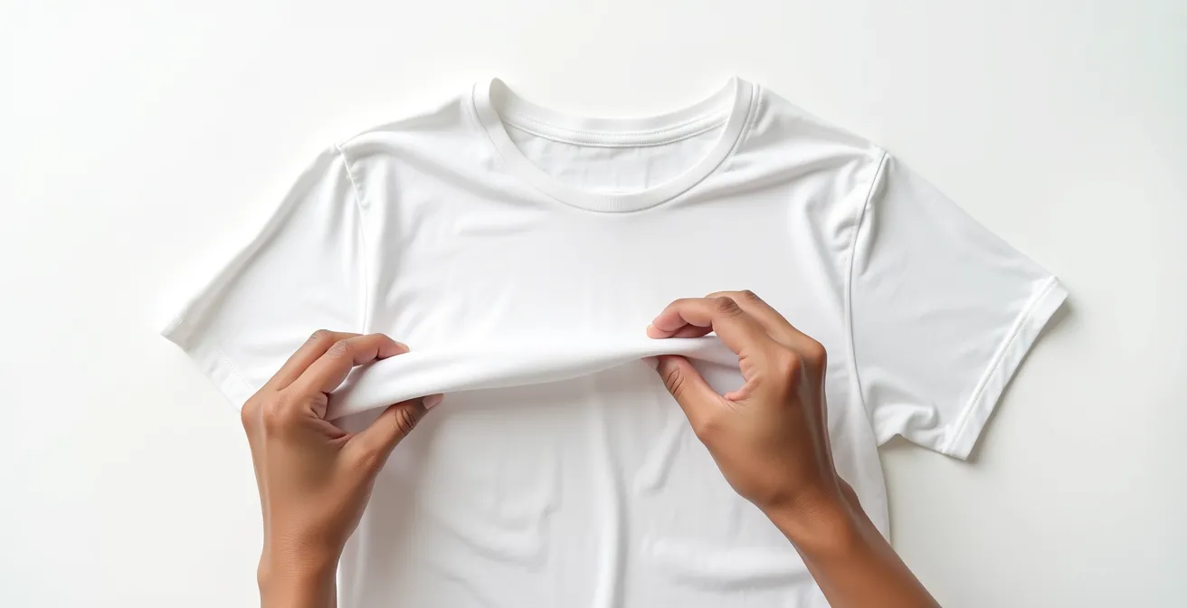 Mains pliant un t-shirt en deux pour vérifier l'alignement des coutures dans un environnement minimaliste