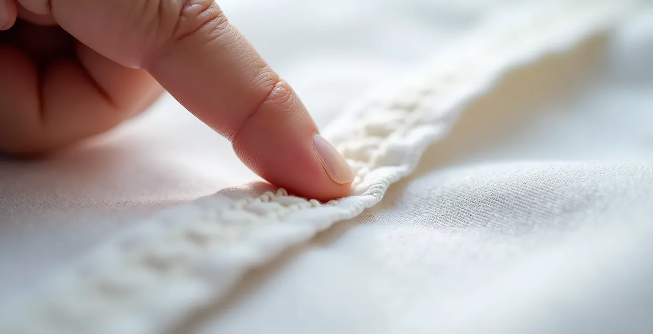 Gros plan macro sur un doigt testant la densité d'une couture surjetée sur un tissu blanc