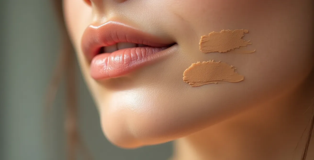 Test de trois nuances de fond de teint sur la mâchoire d'une femme près d'une fenêtre en lumière naturelle