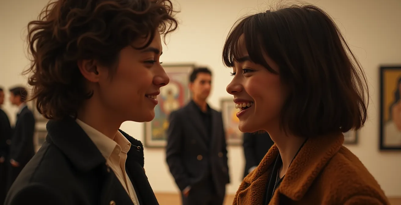 Jeunes Gen Z échangeant lors d'un vernissage mode dans une galerie parisienne avec une ambiance intimiste