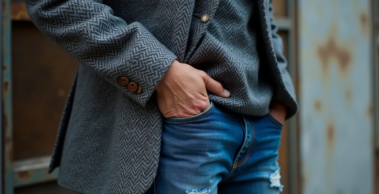 Association moderne veste tweed et jean déchiré dans un décor urbain parisien