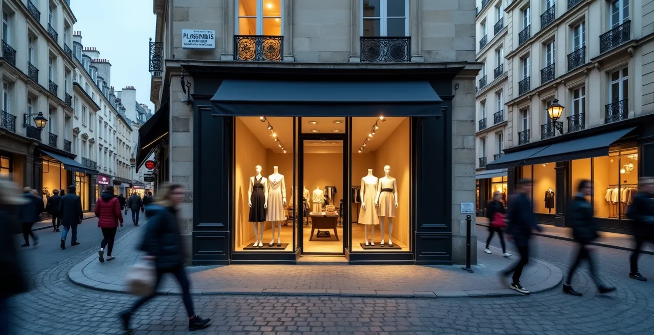 Façade d'une boutique éphémère élégante dans une rue pavée du Marais à Paris