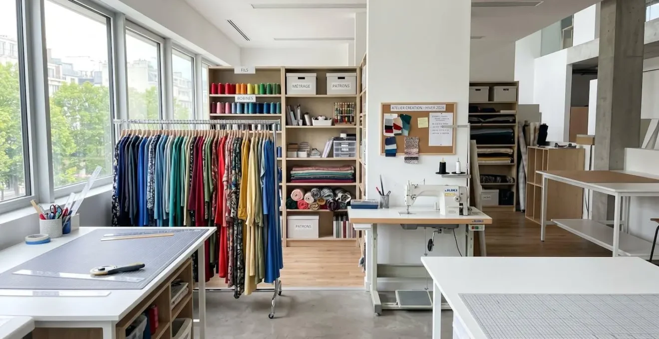 Atelier de couture moderne et lumineux avec plusieurs tissus viscose de couleurs variées suspendus sur un portant montrant différentes façons de tomber