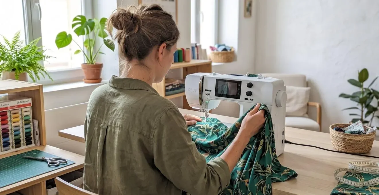 Une couturière de dos manipule délicatement un tissu viscose fluide qui tombe naturellement dans un atelier de couture lumineux