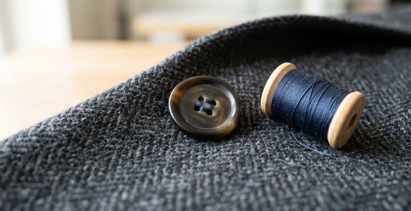 Gros plan sur la texture d'un tissu de costume en laine anthracite, avec des fils de couture et un bouton en corne posés sur le tissu