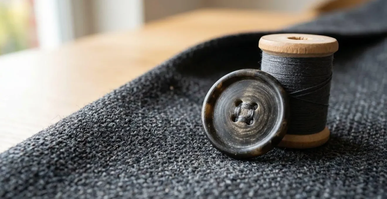 Gros plan sur la texture d'un tissu de costume en laine anthracite, avec des fils de couture et un bouton en corne posés sur le tissu
