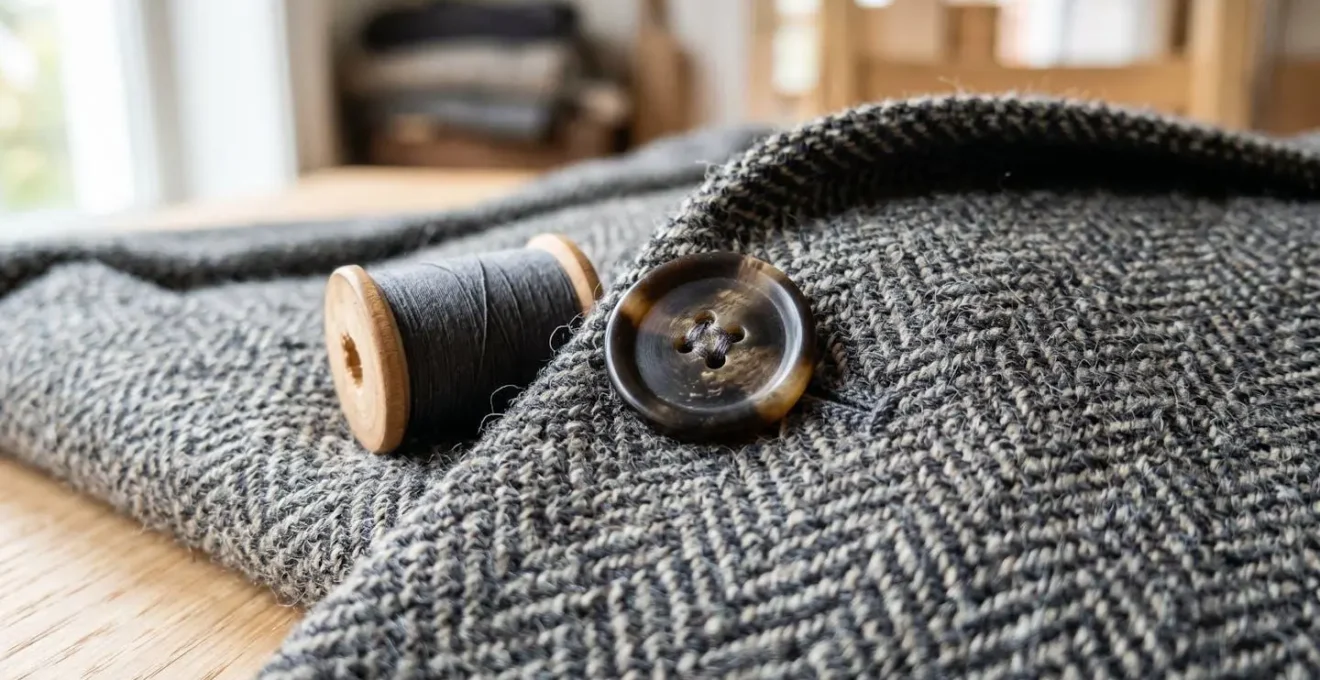 Gros plan sur la texture d'un tissu de costume en laine anthracite, avec des fils de couture et un bouton en corne posés sur le tissu