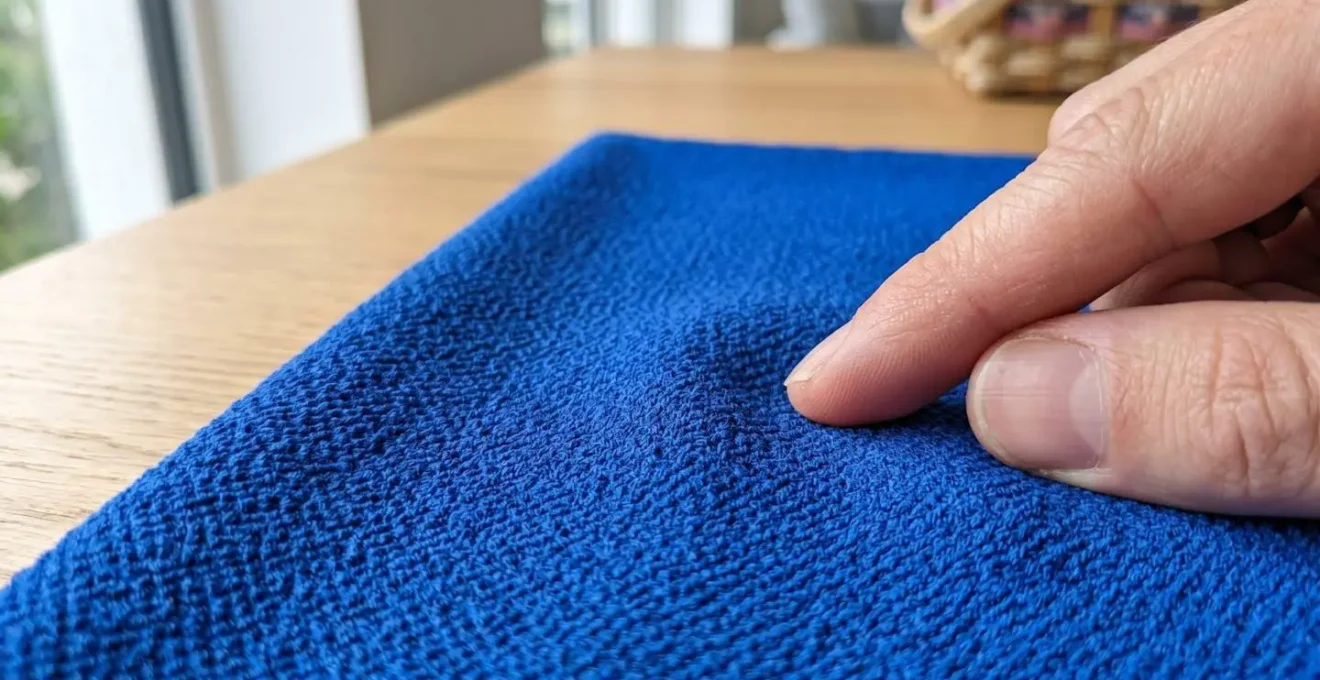Gros plan extrême sur la texture granuleuse d'un tissu viscose montrant la structure d'un tissage crêpe avec une main effleurant délicatement la surface