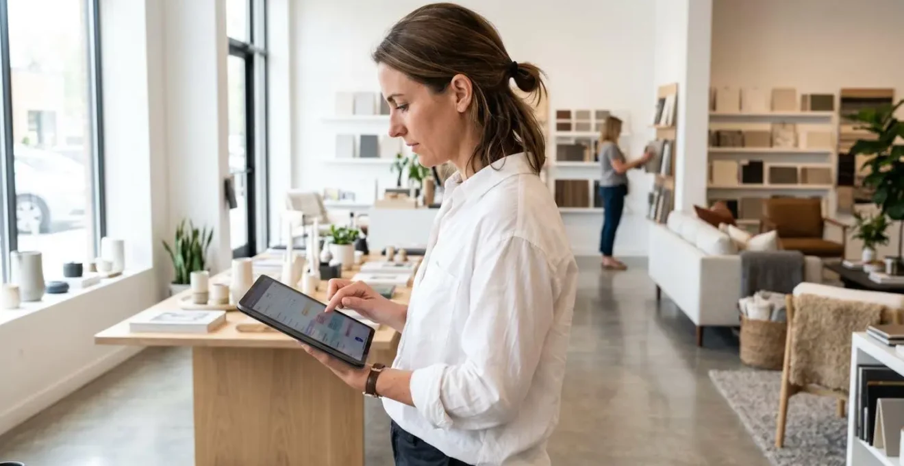 Vue de profil d'un professionnel en chemise blanche consultant un agenda ou un calendrier sur une tablette, dans un environnement de showroom moderne