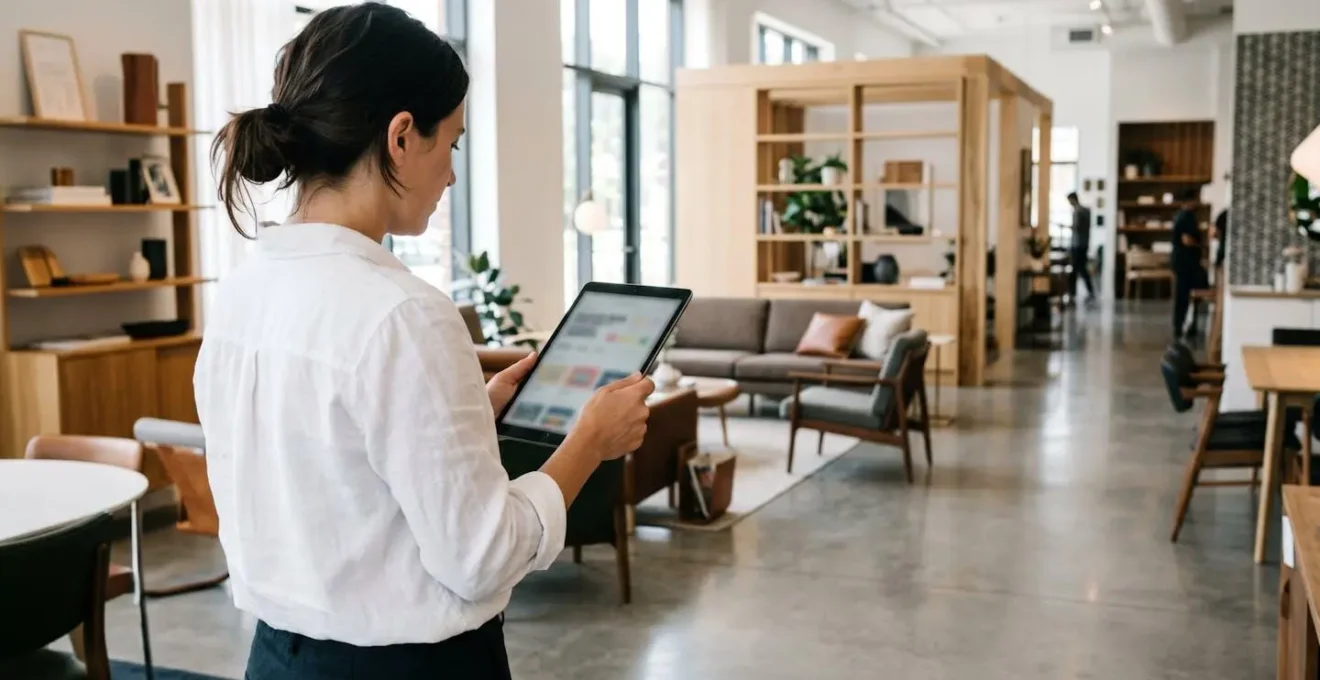 Vue de profil d'un professionnel en chemise blanche consultant un agenda ou un calendrier sur une tablette, dans un environnement de showroom moderne