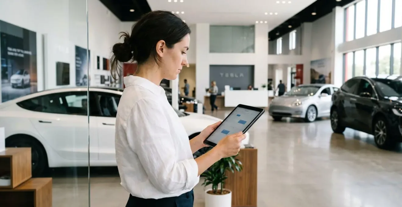 Vue de profil d'un professionnel en chemise blanche consultant un agenda ou un calendrier sur une tablette, dans un environnement de showroom moderne