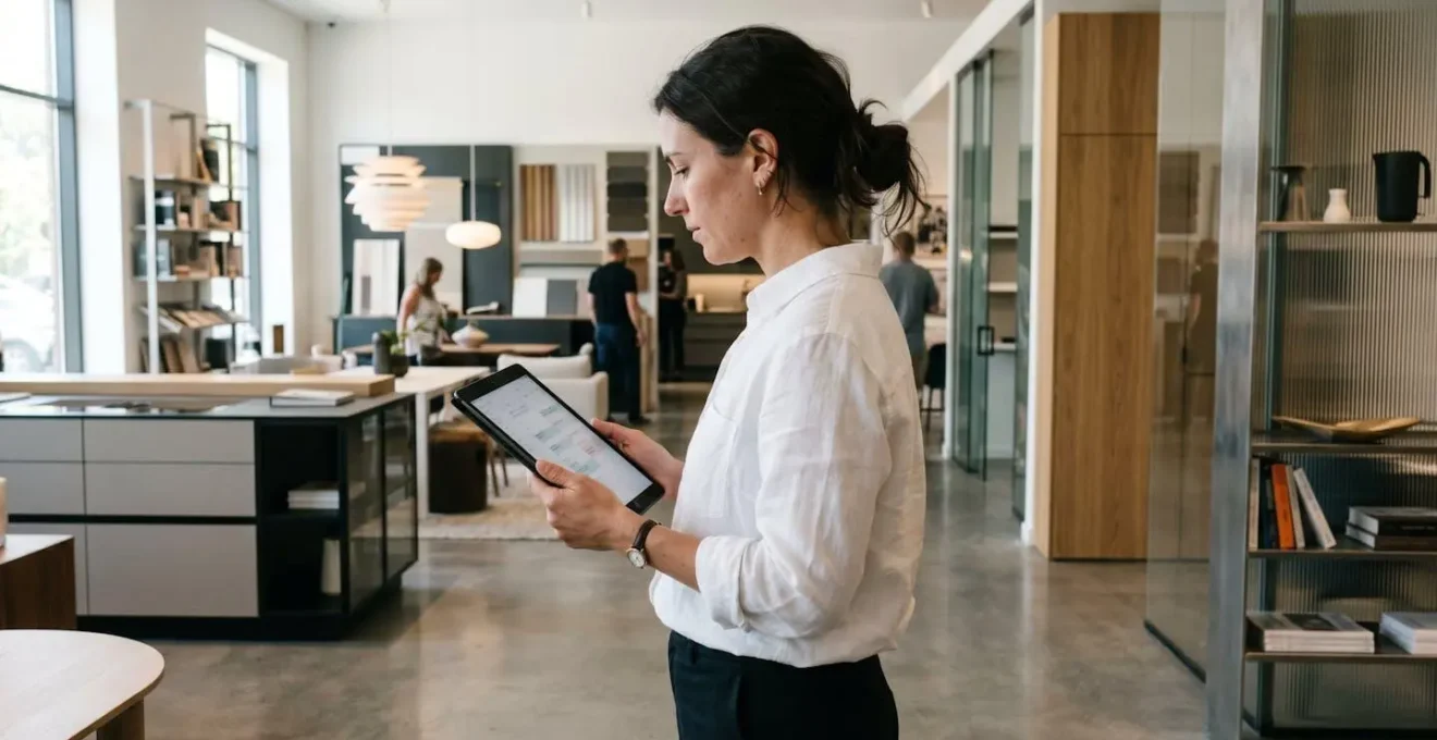 Vue de profil d'un professionnel en chemise blanche consultant un agenda ou un calendrier sur une tablette, dans un environnement de showroom moderne