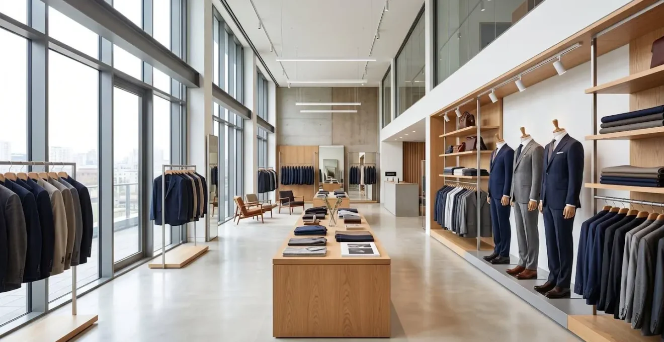 Vue d'ensemble d'un showroom de tailleur contemporain aux lignes épurées, avec des présentoirs de costumes et des mannequins, baigné de lumière naturelle