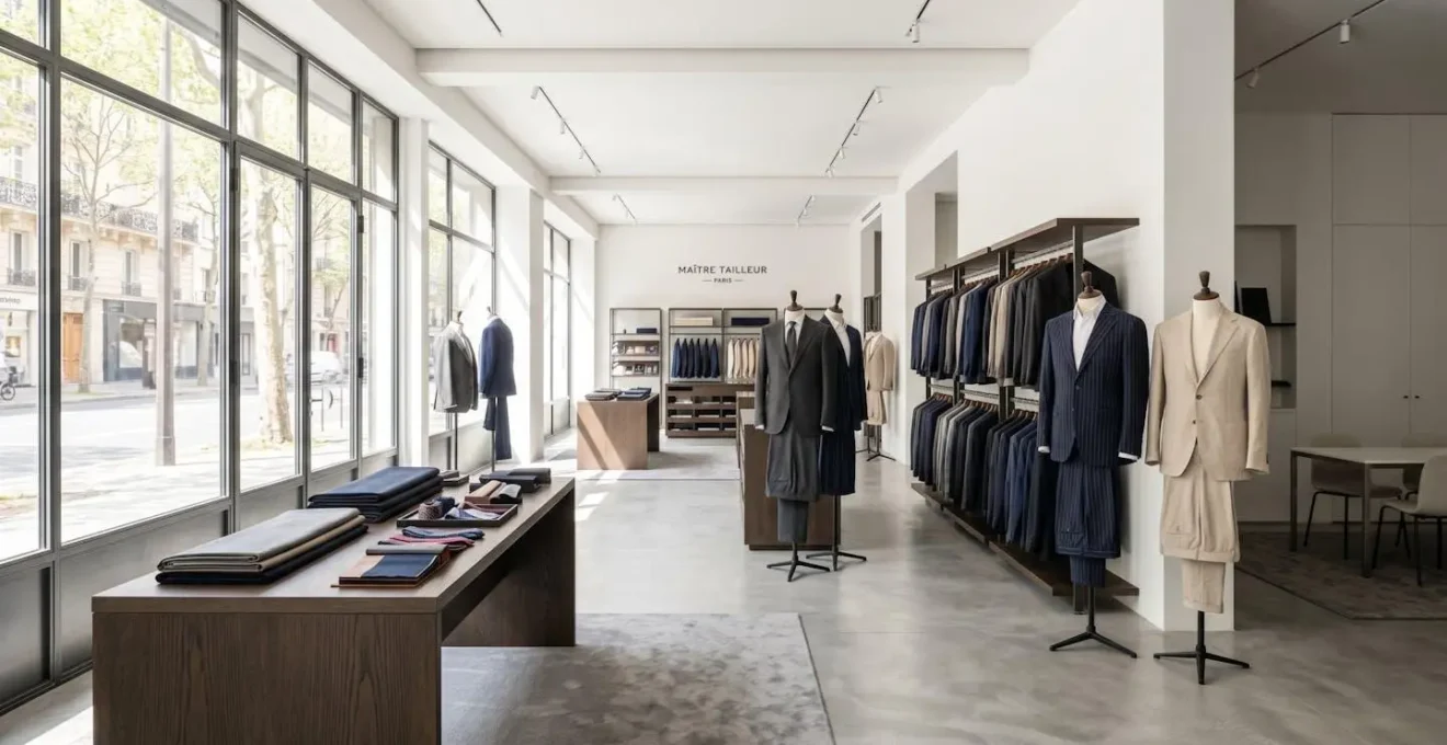 Vue d'ensemble d'un showroom de tailleur contemporain aux lignes épurées, avec des présentoirs de costumes et des mannequins, baigné de lumière naturelle