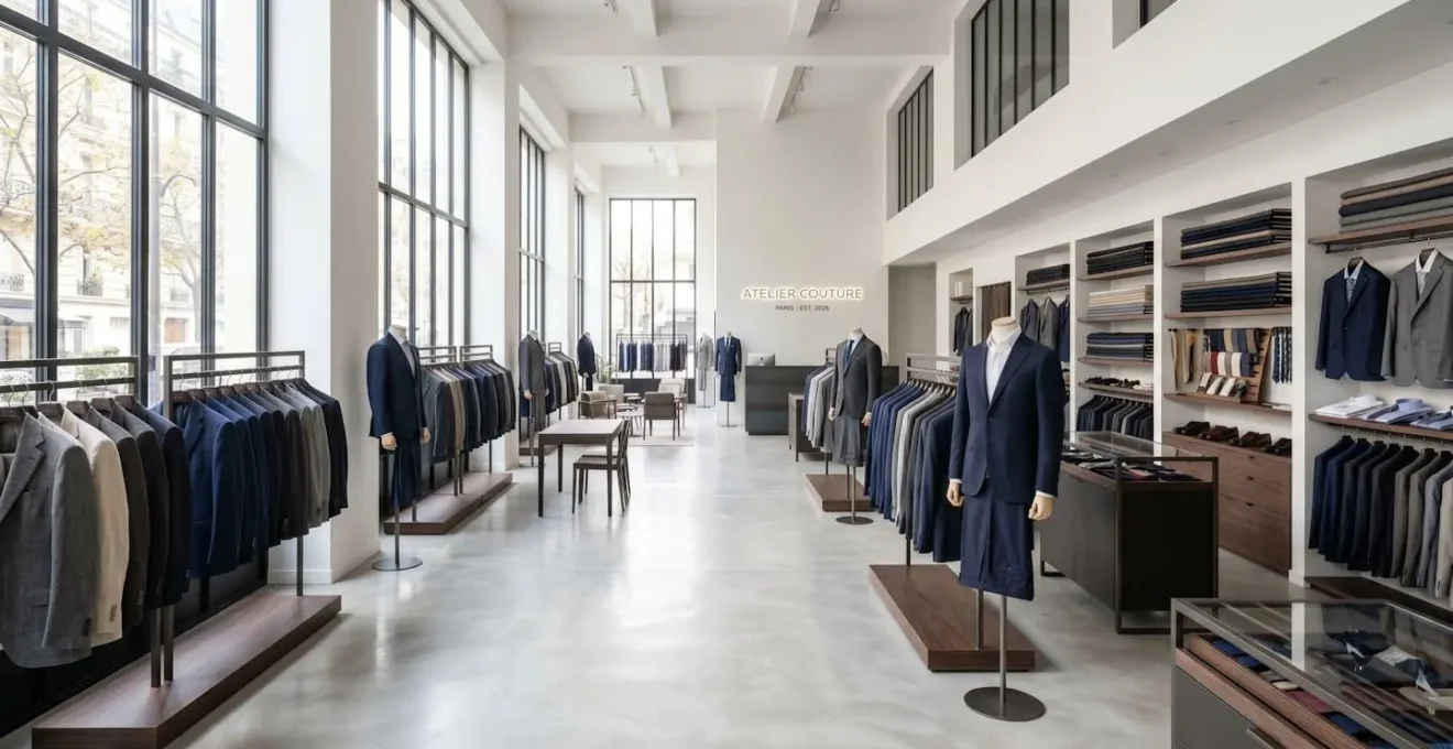 Vue d'ensemble d'un showroom de tailleur contemporain aux lignes épurées, avec des présentoirs de costumes et des mannequins, baigné de lumière naturelle